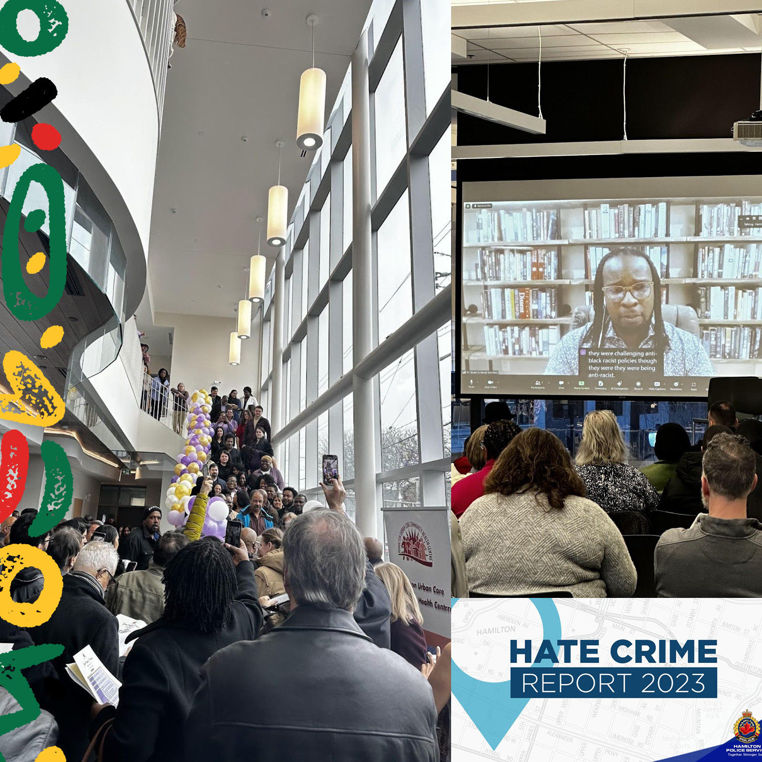 Collage: A picture showing a crowd of people at an event. A picture showing people seated listening to Ibram X. Kendi on screen. A graphic for the Hate Crime Report 2023.