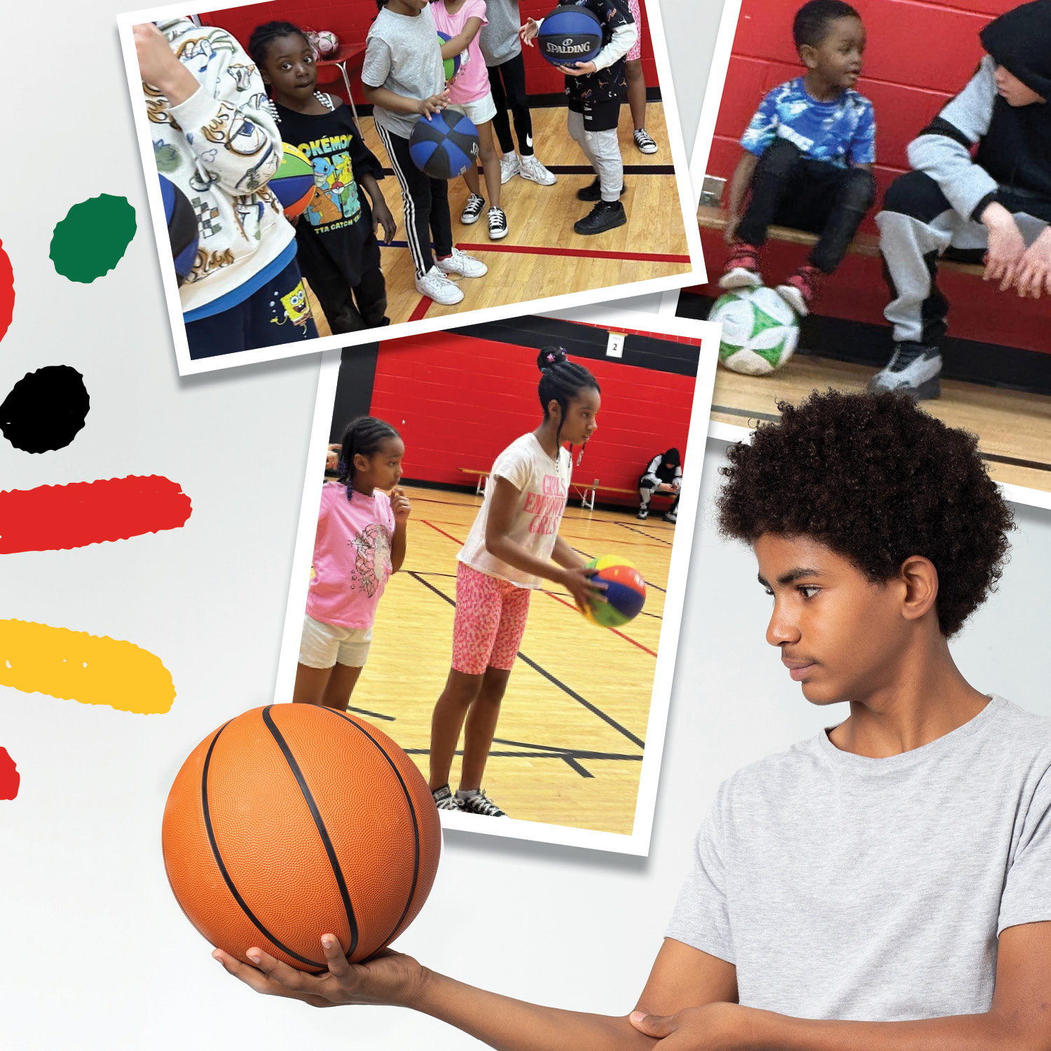 Boy with basketball, with pictures of kids at a gymnasium behind.